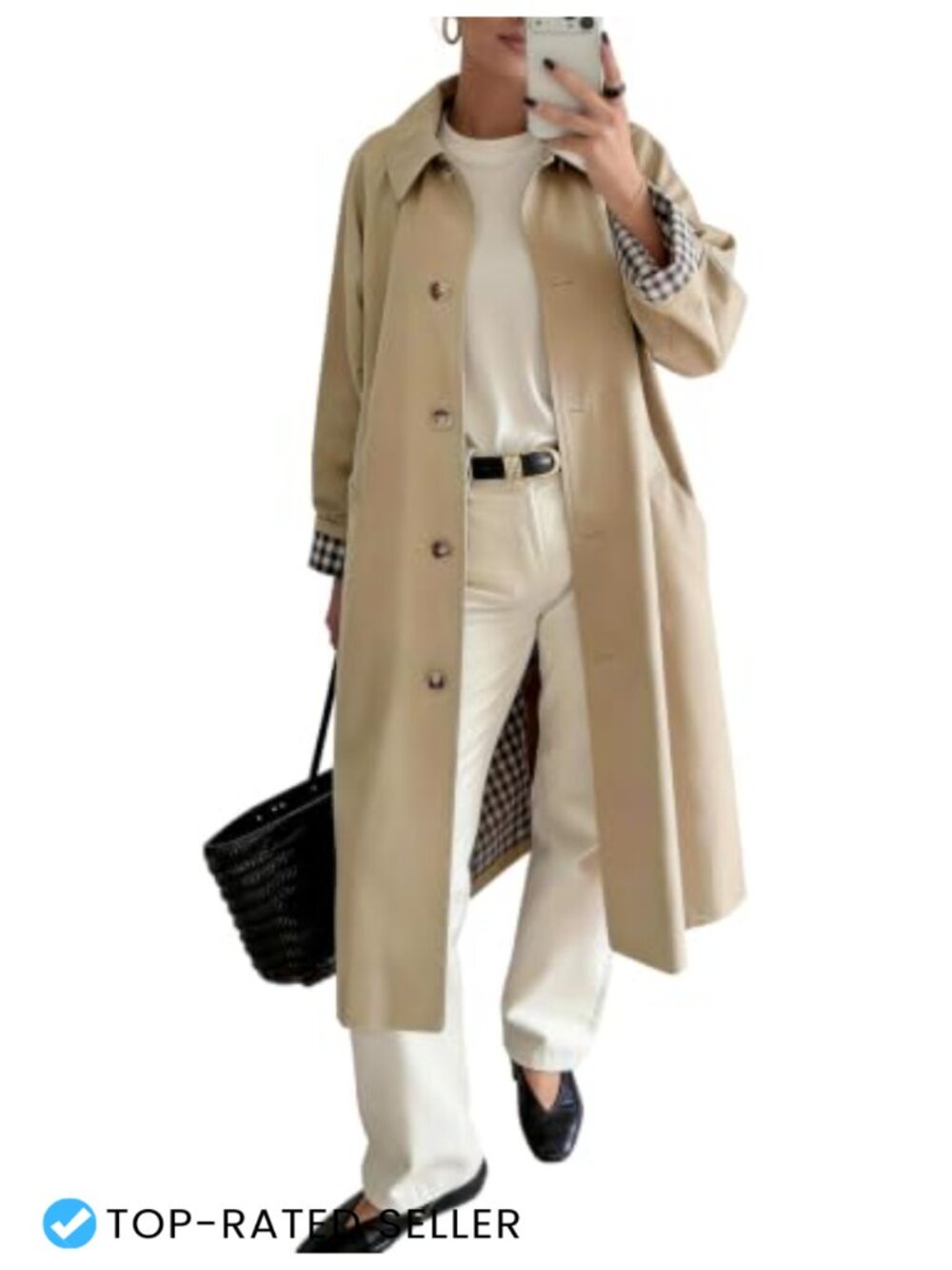 Women's Long Trench Coat Lightweight Windproof Plaid Lining Oversized